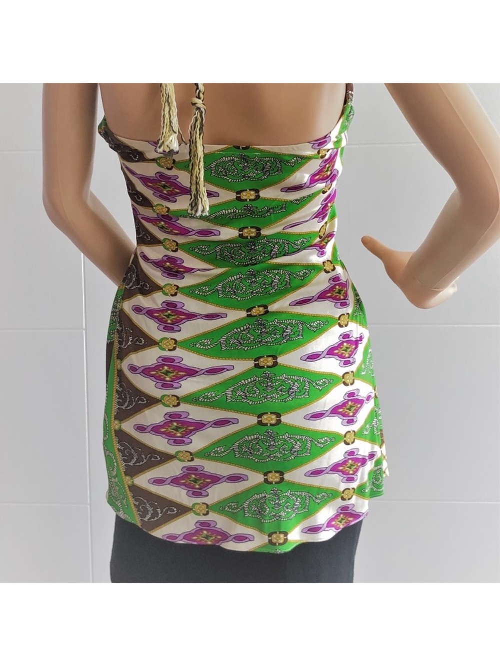RARE Y2K Sky Gold Necklace halter top with green and brown pattern Small EUC - Picture 2 of 6
